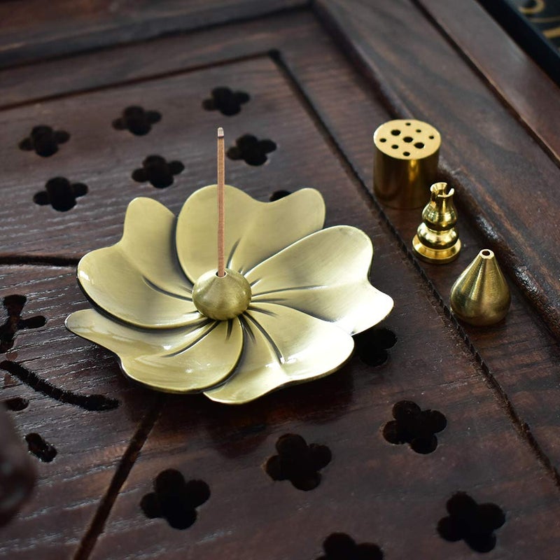 HOKPA Sakura Flower Incense Holder, 5PCS Bronze Incense Burner Holder with Silk Pouch, Two Styles Drop-Shape, Cylinder Multihole and Gourd-Shape Ash Catcher Yoga Room Bedroom Home Fragrance - Image 5